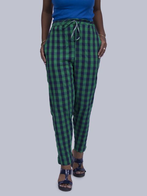 Women Chex Straight Pant - Green