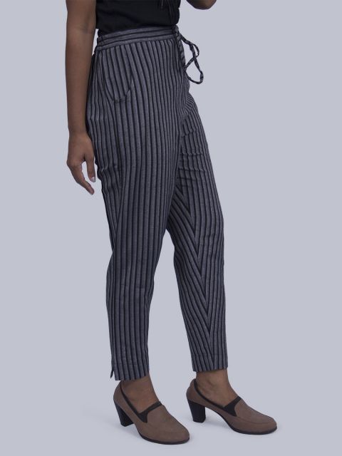 Women Black and White Striped Straight Pant - Black