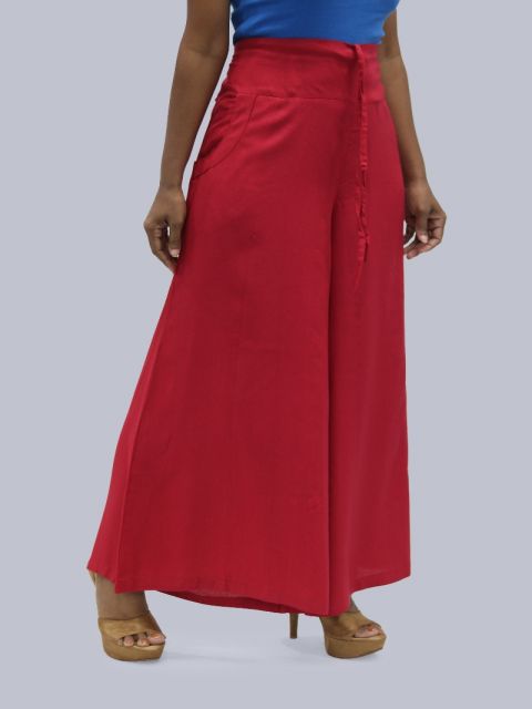 Women's Pocket Broad Belt Palazzo - Cherry Red