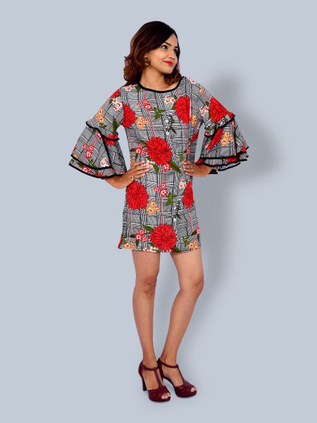 One Mtr.Layered and Flared Bell Sleeves Flower Print Tunic